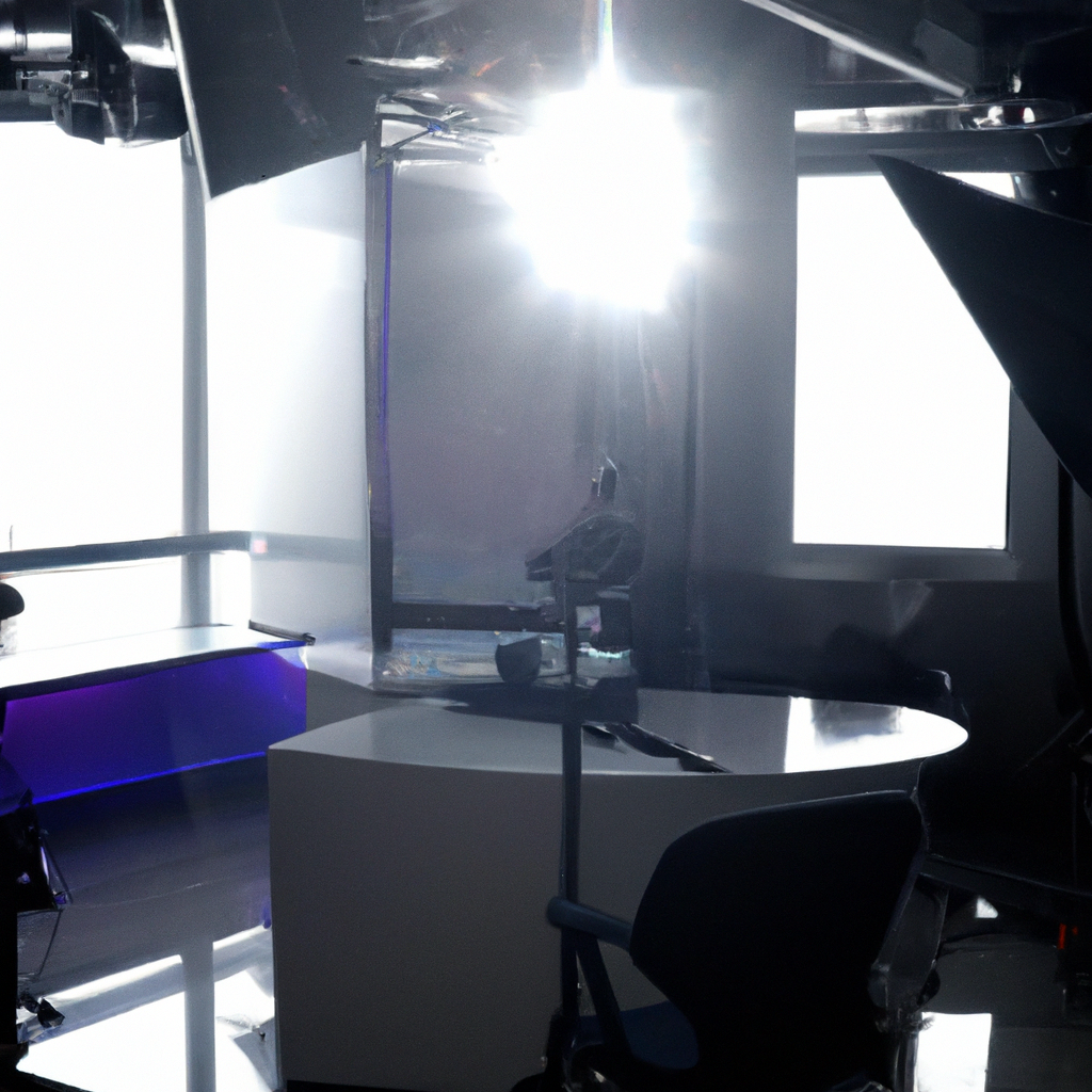 Bright minimalist news studio in Toronto with daylight, clean lines, 4K cameras and soundproof design
